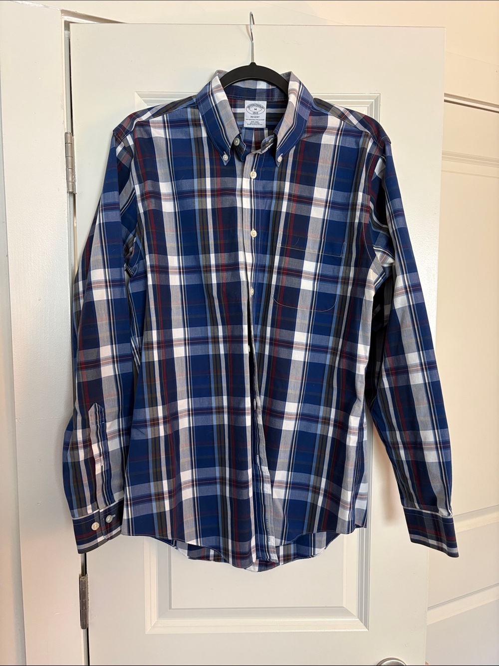 Brooks Brothers Blue Plaid Button-Down Shirt with White and Red Accents